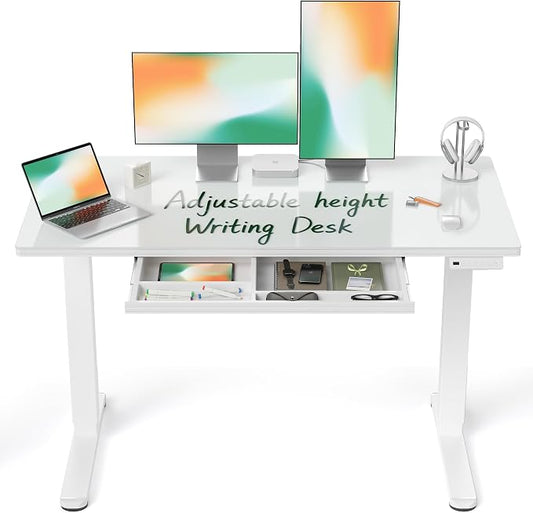 BANTI 48"x24" Standing Desk with Glass Top, Height Adjustable Computer Desk with Drawer, One-piece Rising Home Office Desks with Positon Memory, Sit Stand Up Electric Workstation Table, White