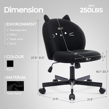 Vanity Chair with Cat Back,Armless Desk Chair Cute Small Office Chair,Teddy Fabric Computer Chair with Adjustable Height,120°Tilting,Rolling,Swivel for Vanity,Kids Room,Office,Bedroom Black