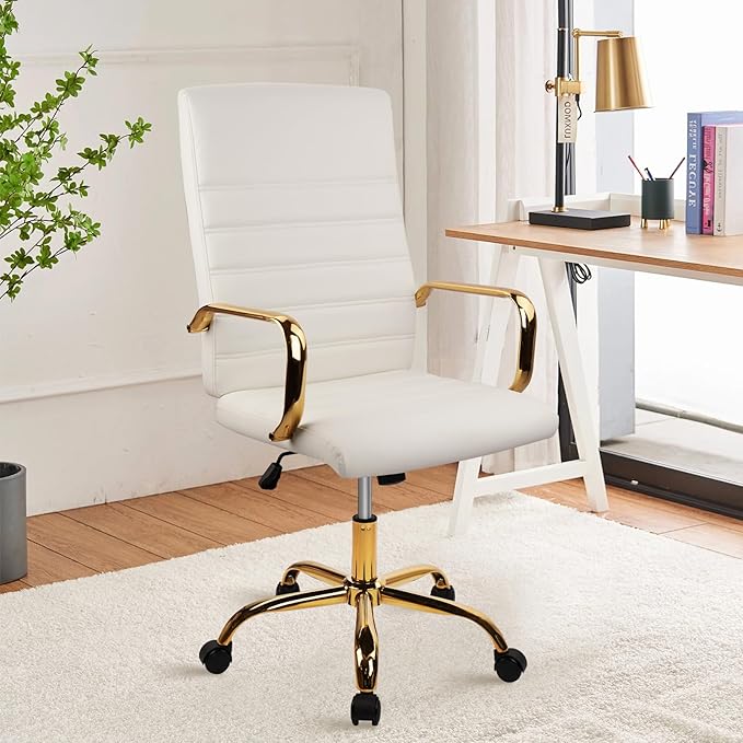 CLATINA White and Gold Office Chair, Leather Executive Computer Desk Chairs with Wheels, Ergonomic Swivel Chairs Task Stools with Arms, Height Adjustable for Home Bedroom Vanity and Living Room