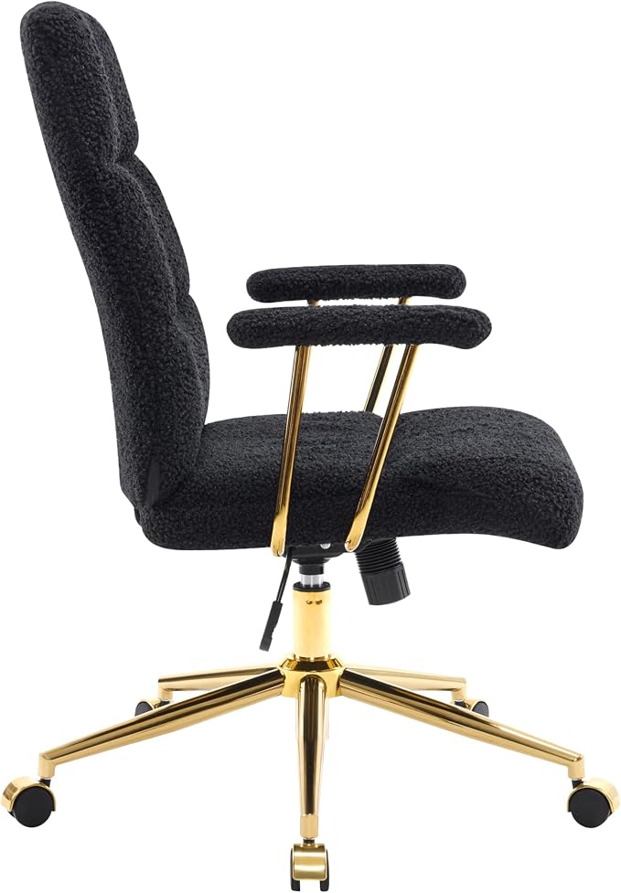 Elegant Black and Gold Office Chair with Textured Boucle Fabric, Modern Desk Chair with Padded Seat, Height Adjustable with Durable Gold Base