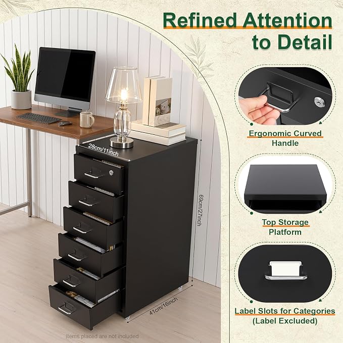 6 Drawer Vertical File Cabinet with Lock, Metal Movable Office Storage Cabinet, Under-Desk File Cabinet with Wheels, for Home Office Use (Black)