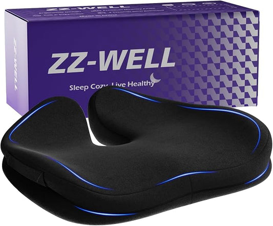 ZZ-WELL Seat Cushions for Office Chairs, Patented Pressure Relief Coccyx Cushion for Tailbone Pain, Memory Foam Butt Pillows for Wheelchair Car Sitting, Carrying Handle, Non-Slip (Black, Large)