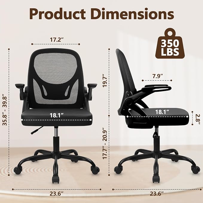 CLATINA Office Chair with Wheels, Ergonomic Flip Up Arms Mesh Back Desk Chairs with Lumbar Support, PU Leather Seat Adjustable Height Swivel Rolling Computer Task Chair for Study Home School, Black
