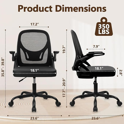 CLATINA Office Chair with Wheels, Ergonomic Flip Up Arms Mesh Back Desk Chairs with Lumbar Support, PU Leather Seat Adjustable Height Swivel Rolling Computer Task Chair for Study Home School, Black