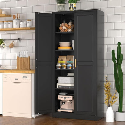 Polup Pantry Cabinet, 71 Inch Tall Kitchen Storage Cabinet, Metal Pantry Cabinet with Doors and Adjustable Shelves, Freestanding Heavy Duty Steel Utility Cupboard for Garage, Laundry, Black