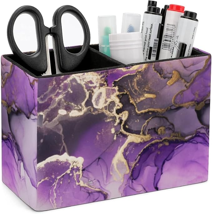 Niapessel Pencil Holder for Desk, Purple Golden Marble Pen Holder Storage Desktop Pen Organizer Desk Pencil Organizer Makeup Brush Holder for Office School College Leather
