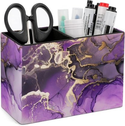 Niapessel Pencil Holder for Desk, Purple Golden Marble Pen Holder Storage Desktop Pen Organizer Desk Pencil Organizer Makeup Brush Holder for Office School College Leather