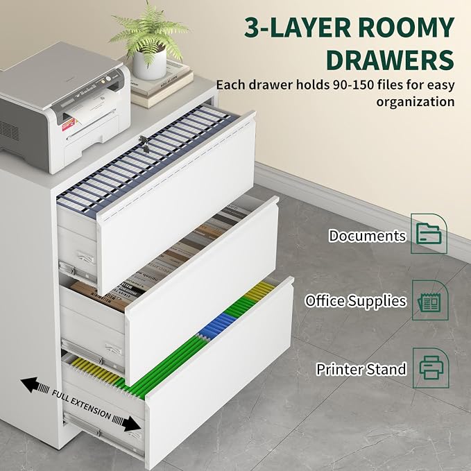 Lateral File Cabinet with Lock, 3 Drawer Metal File Cabinets for Home Office, Large Filing Storage Cabinet Printer Stand, Steel Wide File Cabinet for Legal/A4/F4/Letter Size Files, White