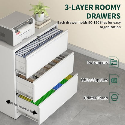 Lateral File Cabinet with Lock, 3 Drawer Metal File Cabinets for Home Office, Large Filing Storage Cabinet Printer Stand, Steel Wide File Cabinet for Legal/A4/F4/Letter Size Files, White