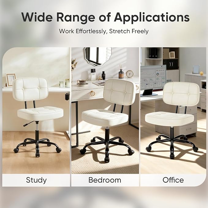 DUMOS Home Office Desk Chair - Ergonomic Armless PU Leather Computer Rolling Task Chair with Comfy Lumbar Support and Height Adjustable, Vanity, Bedroom, Living Room, Ivory White