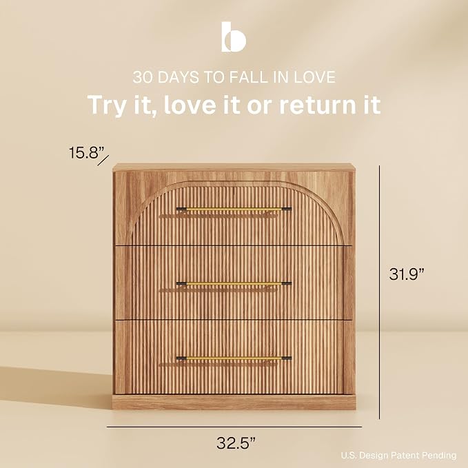 BELLEZE 32.5" Kitchen Storage Cabinet with 3 Drawers,Freestanding Accent Cabinet with Fluted Arched Design & Gold Handles,Modern Credenza for Living Room,Dining Room,Entryway - Camel