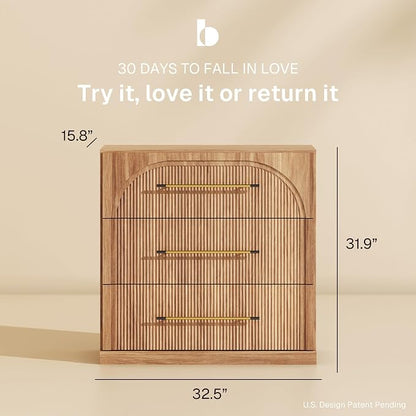 BELLEZE 32.5" Kitchen Storage Cabinet with 3 Drawers,Freestanding Accent Cabinet with Fluted Arched Design & Gold Handles,Modern Credenza for Living Room,Dining Room,Entryway - Camel