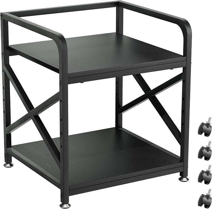 2 Tier Printer Stand with Storage Shelf, Printer Table with Height Adjustable Top Shelf, Under Desk Storage Printer Cart for Paper Shredder Scanner, 3D Printer Stand for Home Office(Black)