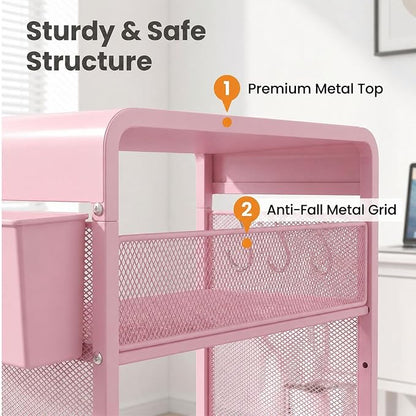 ECOLOVI 3 Tier Printer Stand for Under Desk, Height Adjustable Shelf Small Printer Table with 3 S-Hooks & Basket, Heavy Duty Industrial Storage Shelf for Home Office (Pink Metal)