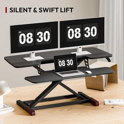 SANODESK 40" Desk Converter, Height Adjustable Sit to Stand Riser, Dual Monitor and Laptop Workstation with Wide Keyboard Tray, Modern Minimalist Design, Black