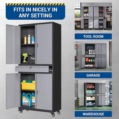 Fesbos 73" Metal Cabinet-Black&Gray Heavy Duty Rolling Storage Cabinet Steel Tool Cabinets with Wheels, Shelves, Lockable Doors and Drawers- for Garage, Pantry, Warehouse - Assembly Required