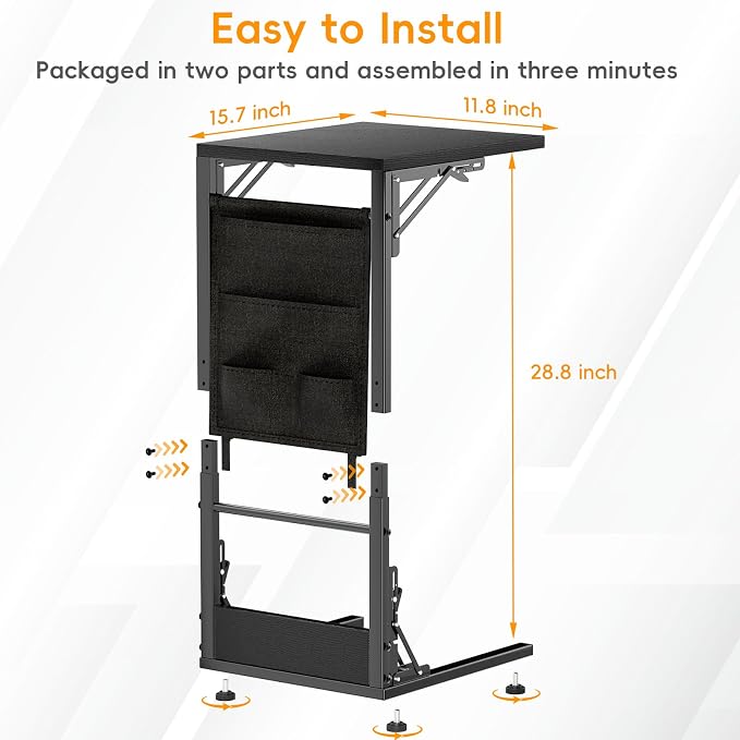 Folding C Shaped End Table, Small Folding Side Table with Storage Bag, Portable TV Tray for Couch, Sofa, Bed, Black