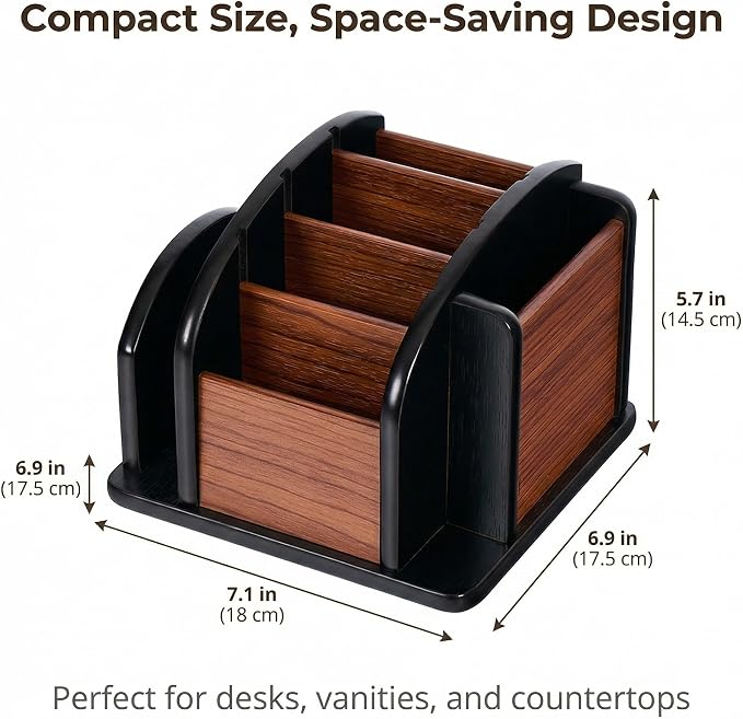 Wooden Desk Organizer with 6 Compartments, Remote Control Holder, Office Storage Caddy, Black and Brown Desk Organizer for Office Supplies