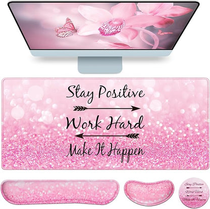 Mousepad Pink, Mouse Pad with Wrist Rest, 4-in-1 Large Mousepad+Keyboard Wrist Rest+Mouse Pad Wrist Support+Cup Pad Set,Ergonomic Mouse Pad,Anti-Slip,Memory Foam Desk Mat for Women Office Gaming