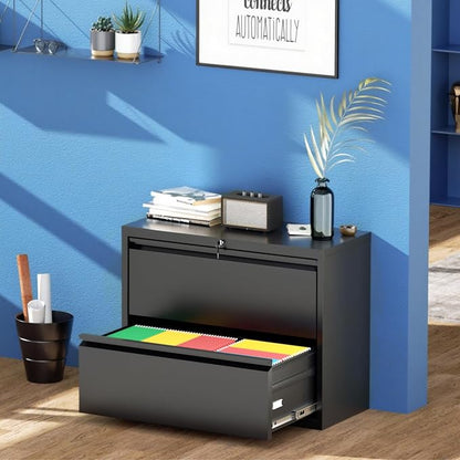 Greenvelly 2 Drawer File Cabinet, Black Lateral File Cabinet with Lock,Metal Filing Cabinet for Home Office, Lockable File Cabinets for Legal/Letter/A4/F4 Size with Hanging Files&Key