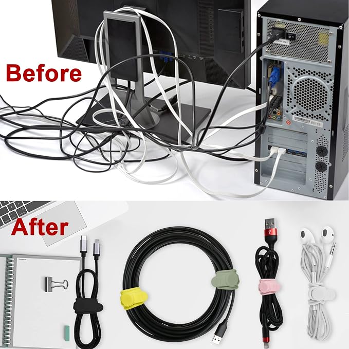 50Pcs Silicone Cable Ties Cord Organizer for Bundling Earphone, Phone Charger, Computer Cords, Reusable Wire Organizer Cable Management in Home,Office,Kitchen,School (5 Colors)