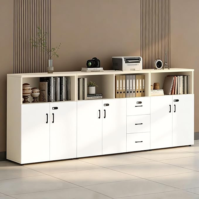 File Cabinet with Password Lock, Wood Lateral Filing Cabinet for Letter/A4 Files, 3 Drawer with Door, Printer Stand with Open Shelves for Home Office
