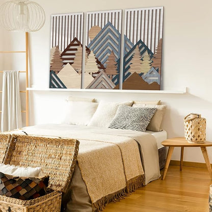 IARTTOP Abstract Mountain Wood Wall Art Large geometric Forest Pine Trees Wooden Wall Decor Boho Sun Nature Landscape Wall Decor for Bedroom Living Room Office-16 x32 Inch Set of 3