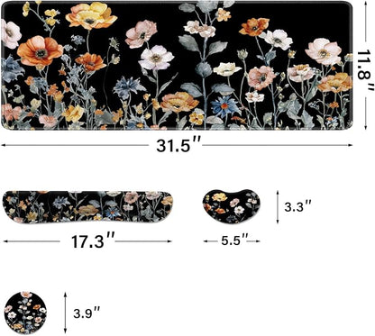 Desk Pad and Keyboard Wrist Rest, Large Mouse Pad + Keyboard Pad+Mouse Wrist Support, Non-Slip Desk Mat Protector for Office, Home 31.5×11.8 Inches Fall Floral