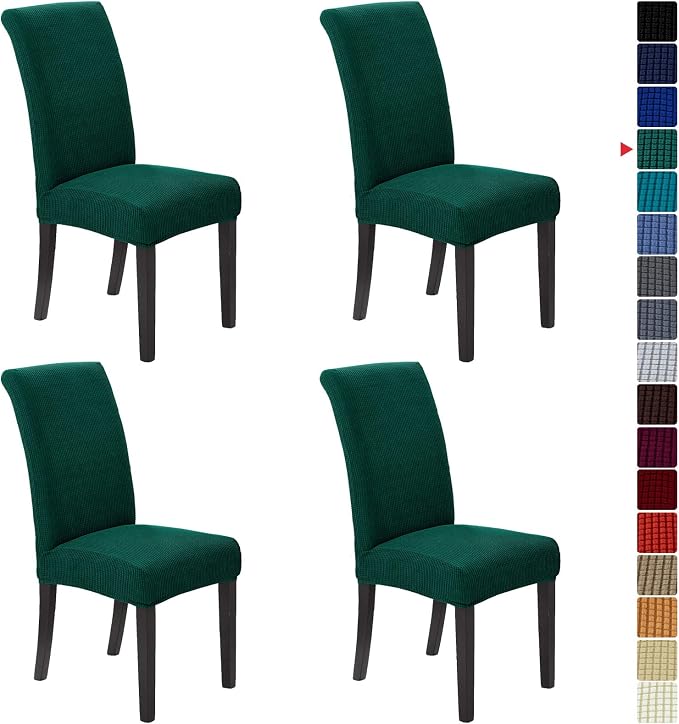 Chair Covers for Dining Room Set of 4, Stretchy Dining Chair Covers, Textured Jacquard Kitchen Chair Slipcovers, Classy Decor for Home and Banquet (Hunter, 4 Pack)