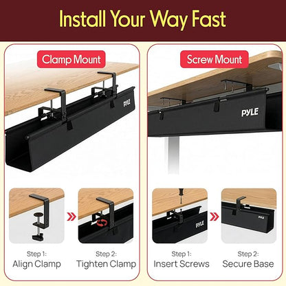 Pyle 48" Under Desk Cable Management Tray, Under Desk Wire Organizer with Clamp or Screw Mount, Desk Cable Organizer with Fabric Design for Large Workstations, Built-in Ties, 20 lb Capacity, Black