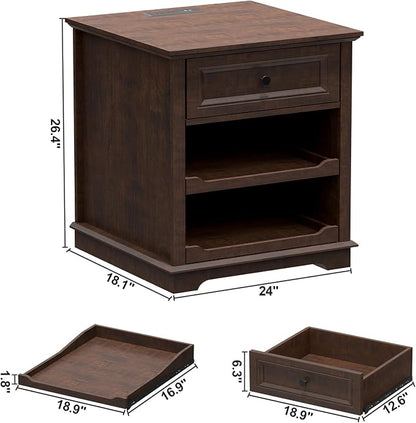 REDAYFUR Lateral File Cabinet 3 Drawer File Cabinet with Charging Station, Wood Lateral Filing Cabinet, Printer Stand with Open Adjustable Storage Shelves for Home Office, Cherry