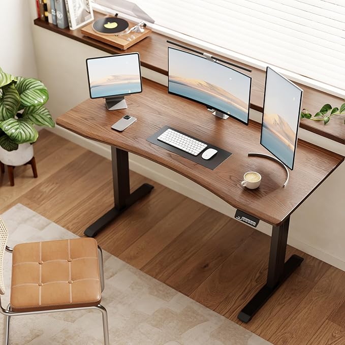 Solid Wood Electric Standing Desk 55"x23.6"Home Office Desk,Adjustable Workbench with 3 Stages Single Motor, Computer Workstation with T-Shaped Metal Bracket,Walnut Standing Desk for Gaming(1 Box)