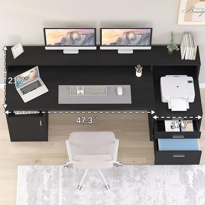 YOMILUVE Computer Desk with 3 Drawer & Storage Shelves, Home Office Desk with File Drawer & Cabinet, Writing Study Table with Long Monitor Stand & Printer Shelf, Executive Desk, Black