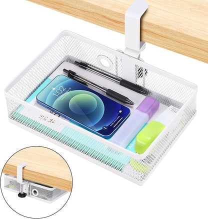 ROSYLINE Clamp On Desk Organizer - Under Desk Hanging Drawer with Storage Basket, Multi-Scene Mount Tray for Home Dorm Office (White)