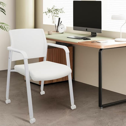 CLATINA Mesh Back Guest Reception Stacking Chair with Wheels, Waiting Room Stackable Chairs with Upholstered Leather Seat & Ergonomic Lumbar Support for Office Conference School Study Lobby, White