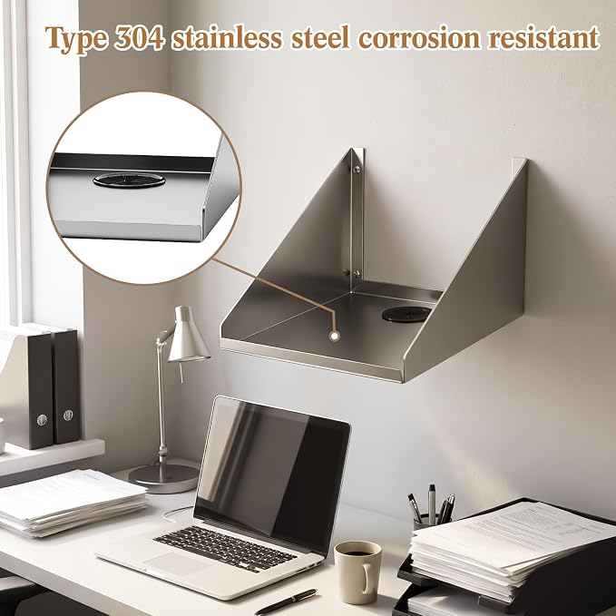 Hicarer Wall Mounted Pos Printer Shelf 7" x 10" x 5.5" Stainless Steel Receipt Ticket Printer Stand for Restaurant Cafe Retail Pos System, with Wire Take-up Hole
