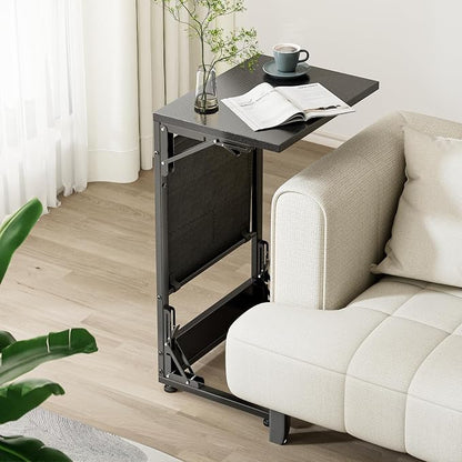 Folding TV Tray Table, 28.8" Tall C-Shaped Side Table for Couch and Bed, Slide Under Sofa Side Desk with Storage Bag - Sturdy Metal Frame Tray for Living Room, Bedroom, Home & Office (Black)