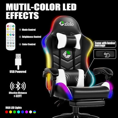 Czlolo Gaming Chair, 2026 Upgraded RGB LED Lights Computer Chair with Footrest, Lumbar Support Massager Gamer Chair, High Back, 90-135° Reclining, Linkage Armrests, White