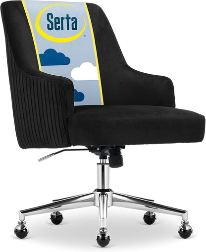 Serta Scarlett Modern Office Chair, Pleated and Curved Mid-Back Desk Chair, Pocket Coil Seat Cushion, Padded Armrests, Vanity Armchair with Wheels, Swivel Chrome Base, Black Velvet Fabric