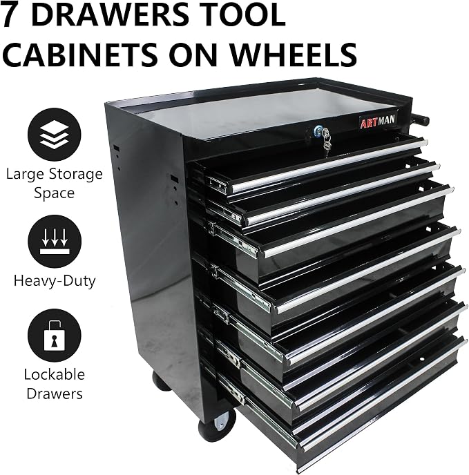 RYH 7 Drawers Rolling Tool Chest & Tool Box on Wheels | Heavy Duty Metal Cart with Ball Bearing Drawers | Fits US General Tool Box for Garage Storage (Black, 7 Drawers（29.9" H × 24.2" W × 12.9" D)