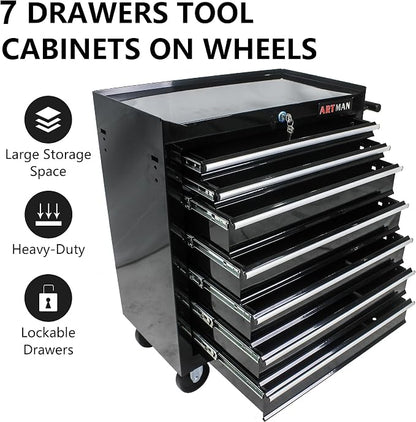 RYH 7 Drawers Rolling Tool Chest & Tool Box on Wheels | Heavy Duty Metal Cart with Ball Bearing Drawers | Fits US General Tool Box for Garage Storage (Black, 7 Drawers（29.9" H × 24.2" W × 12.9" D)