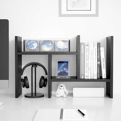 Jerry & Maggie Desktop Organizer Office Storage Rack Adjustable Wood Display Shelf Free Style Double H, Multi-Functional Mini Bookshelf for Desk Natural Stand (Black/2 Pack)