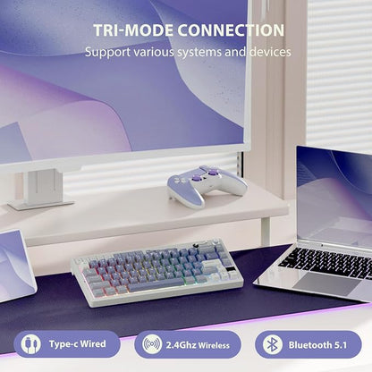 RK ROYAL KLUDGE M65 Wireless Mechanical Keyboard with Volume Knob, 60% Tri-Mode Gaming Keyboard 2.4G/BT/USB-C, Gasket Mount, Battery Display, PBT Keycaps, Hot-Swappable Beige Switch, Blue