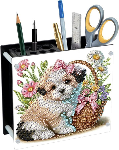 DIY Diamond Painting Kit，Cute Dog Special Shape diamond painting pen holder, Acrylic Daily Office Desktop Decoration Storage Item