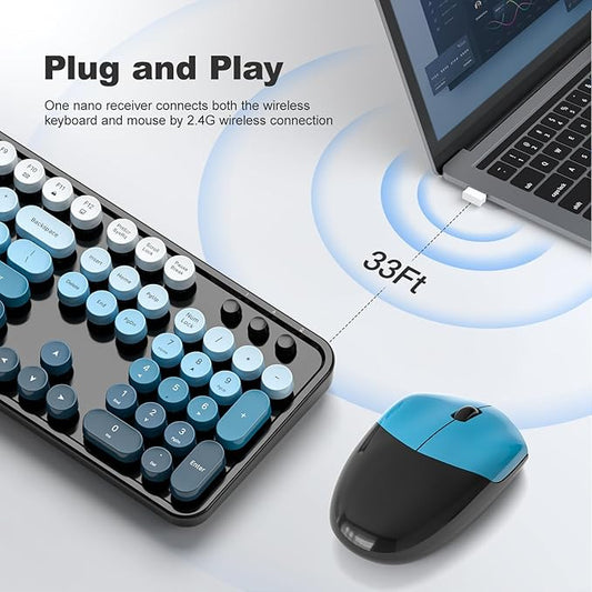 Wireless Keyboard and Mouse Combo, 2.4GHz Retro Full-Size Typewriter Keyboard with Number Pad and Wireless Mouse for PC/Laptop/Desktop/Windows (Black Blue)