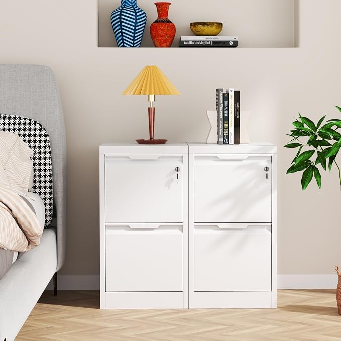 2 Drawer File Cabinet with Lock, Heavy Duty Steel Under Desk Vertical Filing Cabinet for Home Office Use, Printer Stand with Drawers, for A4/Letter-Size Files, Easy to Assemble, White