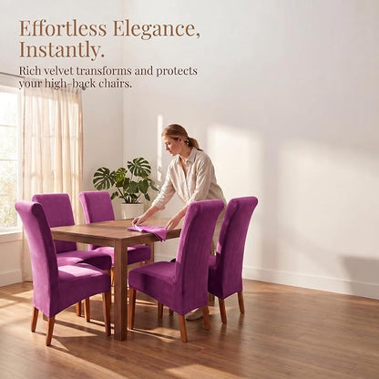 Deisy Dee Stretch XL/Oversized Extra Large Velvet Dining Room Chair Covers for Kitchen Dining，Removable Washable Chair Protectors Slipcovers (Purple, 4)