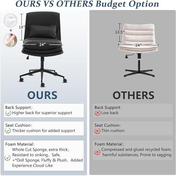 VINGLI Cloud Criss Cross Legged Chair,18" High Back Armless Home Office Desk Chair with Wheels,Wide Adjustable Comfy Padded Seat Task Computer Chair,Modern Swivel Makeup Vanity Chair,Microfiber,Black