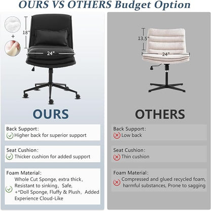 VINGLI Cloud Criss Cross Legged Chair,18" High Back Armless Home Office Desk Chair with Wheels,Wide Adjustable Comfy Padded Seat Task Computer Chair,Modern Swivel Makeup Vanity Chair,Microfiber,Black