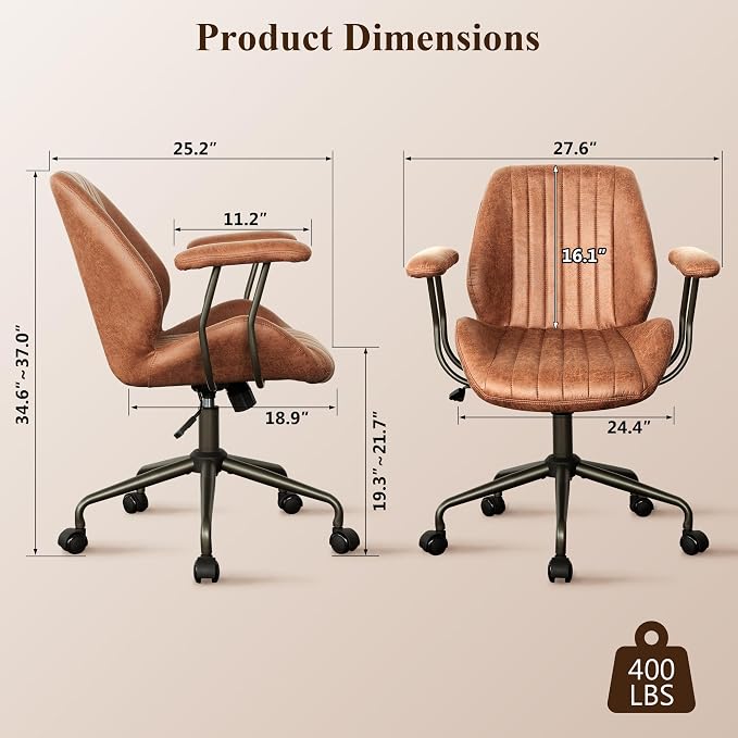 Mid Century Modren Office Chair - Fuax Leather Suede Brown Executive Chairs Ergonomic Mid Back with Lumbar Support, Swivel Computer Desk Task Chair with Wheels for Home Office (Brown, Mid Back)